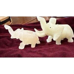 Carved Mother Baby Elephant 2 Piece Set White Onyx Granite Marble Hand carved